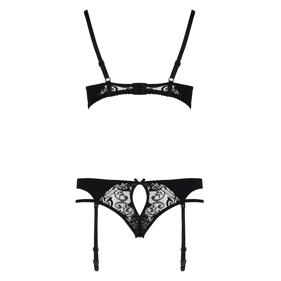 Комплект білизни Passion PAULINE SET L/XL, чорний, стрепи, ліф, стрінги