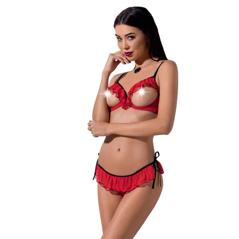 Комплект білизни Passion Exclusive CHERRY SET OpenBra XXL/XXXL red, відкритий ліф, трусики-спідничка