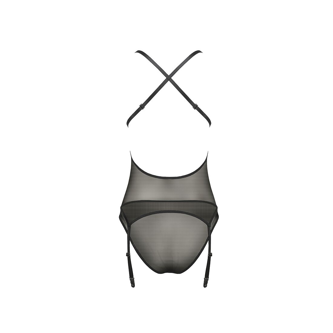 Passion ERZA CORSET S/M, чорний, пажі та трусики, напівпрозорий