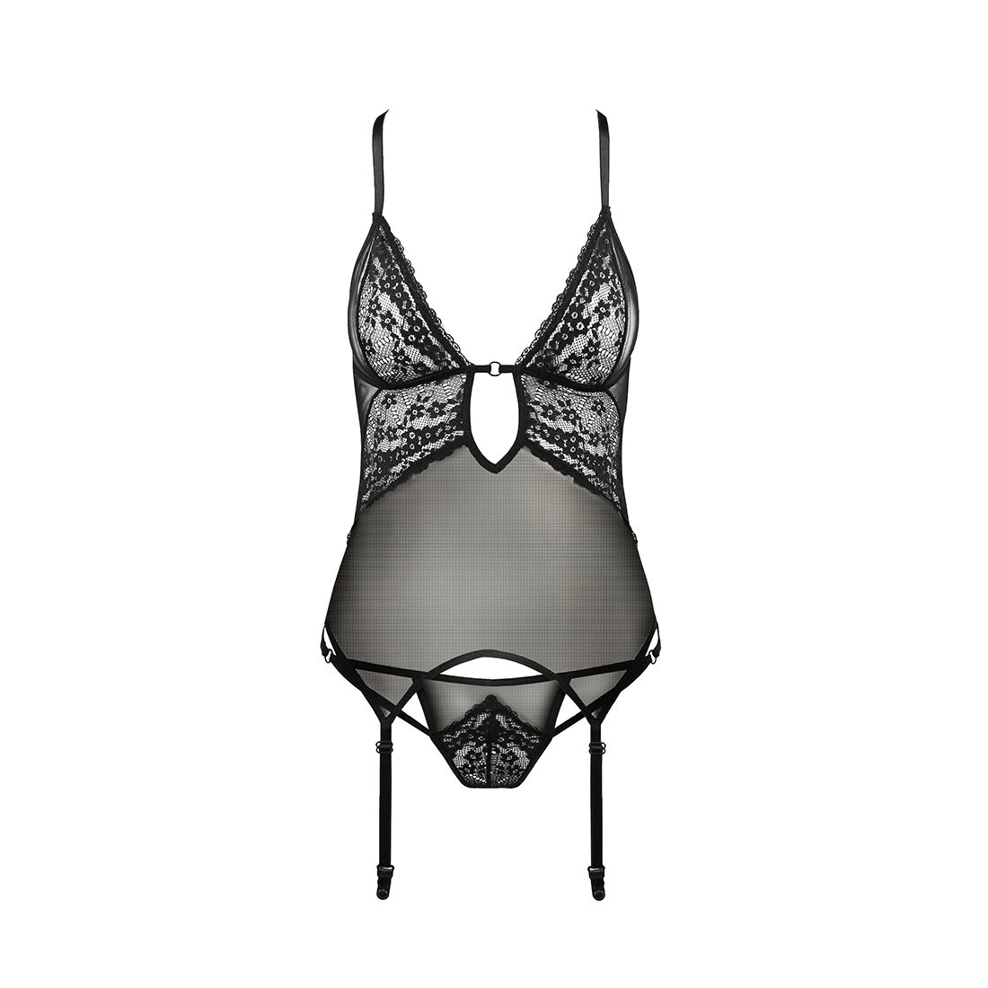 Passion ERZA CORSET S/M, чорний, пажі та трусики, напівпрозорий - Зображення 4