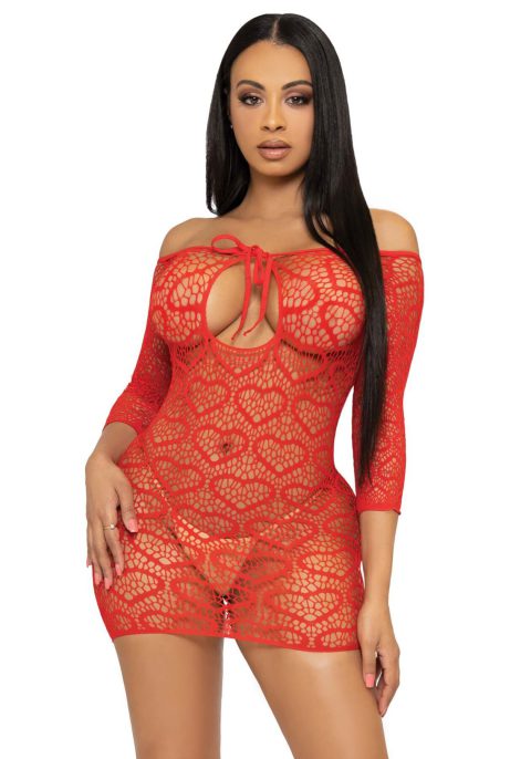 Сукня-сітка Leg Avenue Heart net mini dress Red, відкриті плечі, OS