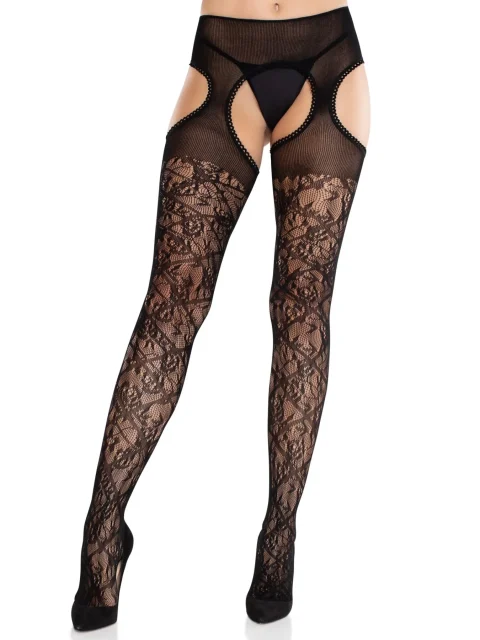 Колготки Leg Avenue Cross Hatch Floral Lace Suspender Hose One Size