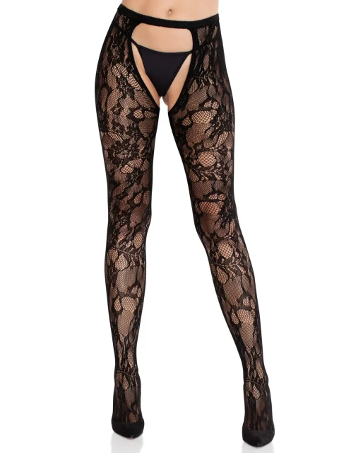 Колготки Leg Avenue Rose Lace Crotchless Tights with Open One Size Black