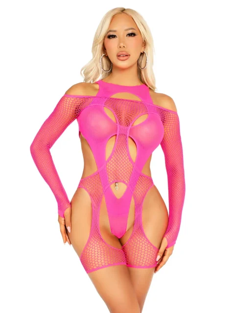 Бодістокінг Leg Avenue Fishnet Garter Harness and Teddy One Size Neon Pink