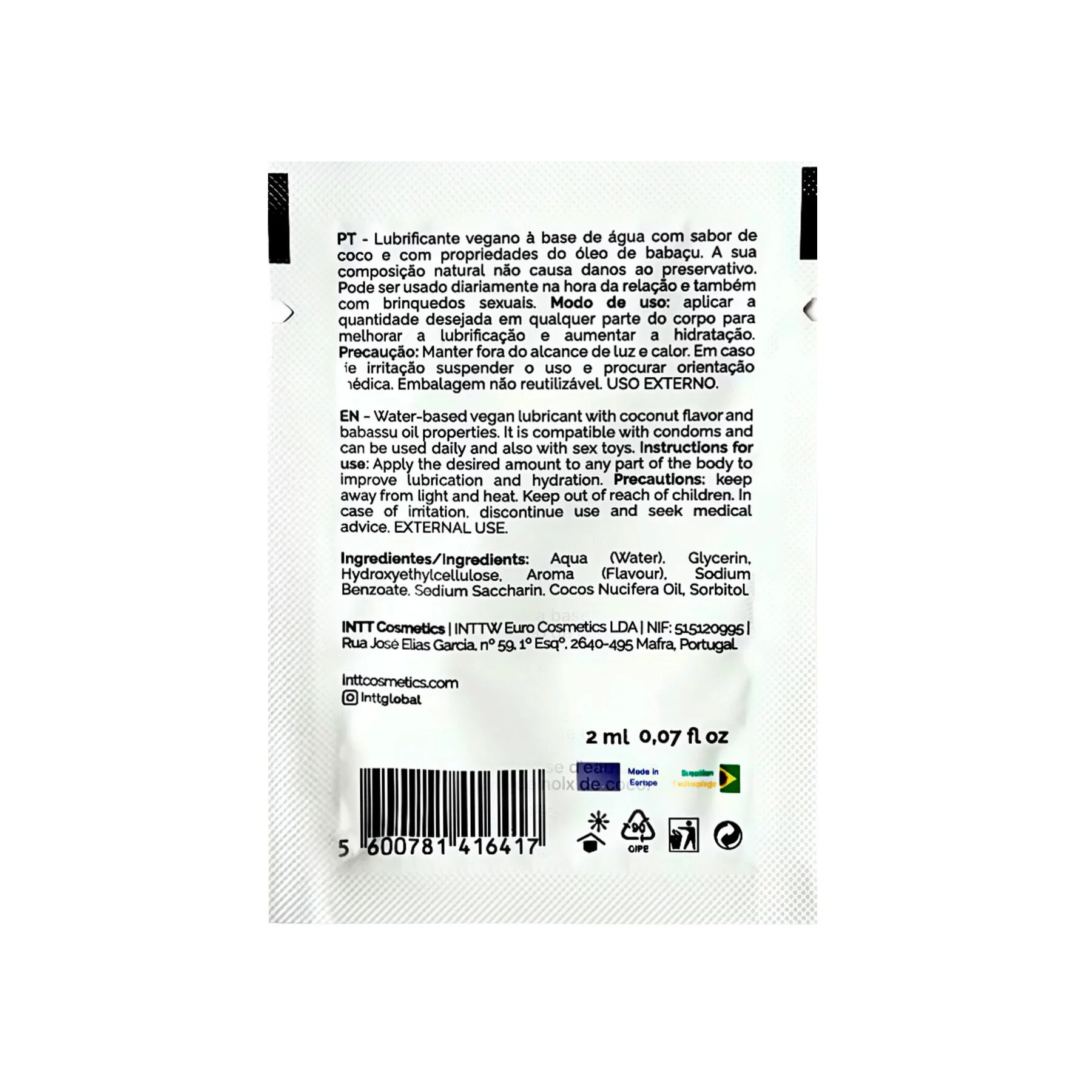 Пробник лубриканта Intt Coconut з кокосовою олією, 2 мл