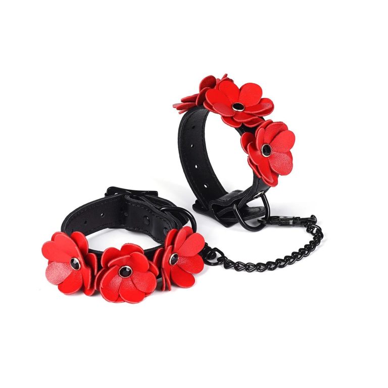 Наручники Liebe Seele Flower Rhythm - Black and Red Leather Flowers Hand Cuffs (м'яте паковання!!!)