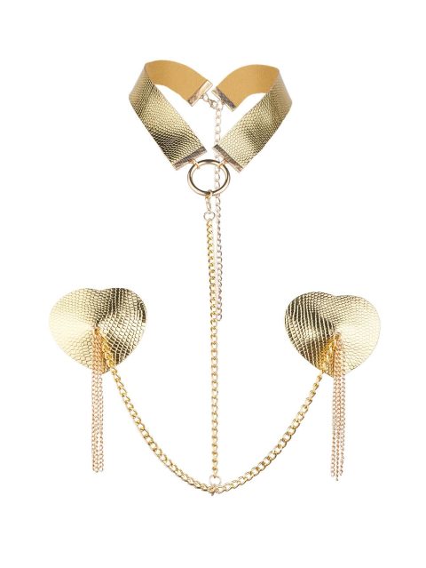 Пестис-сердечка з пензликами та чокером JSY Nipple Sticker RT236114 Golden