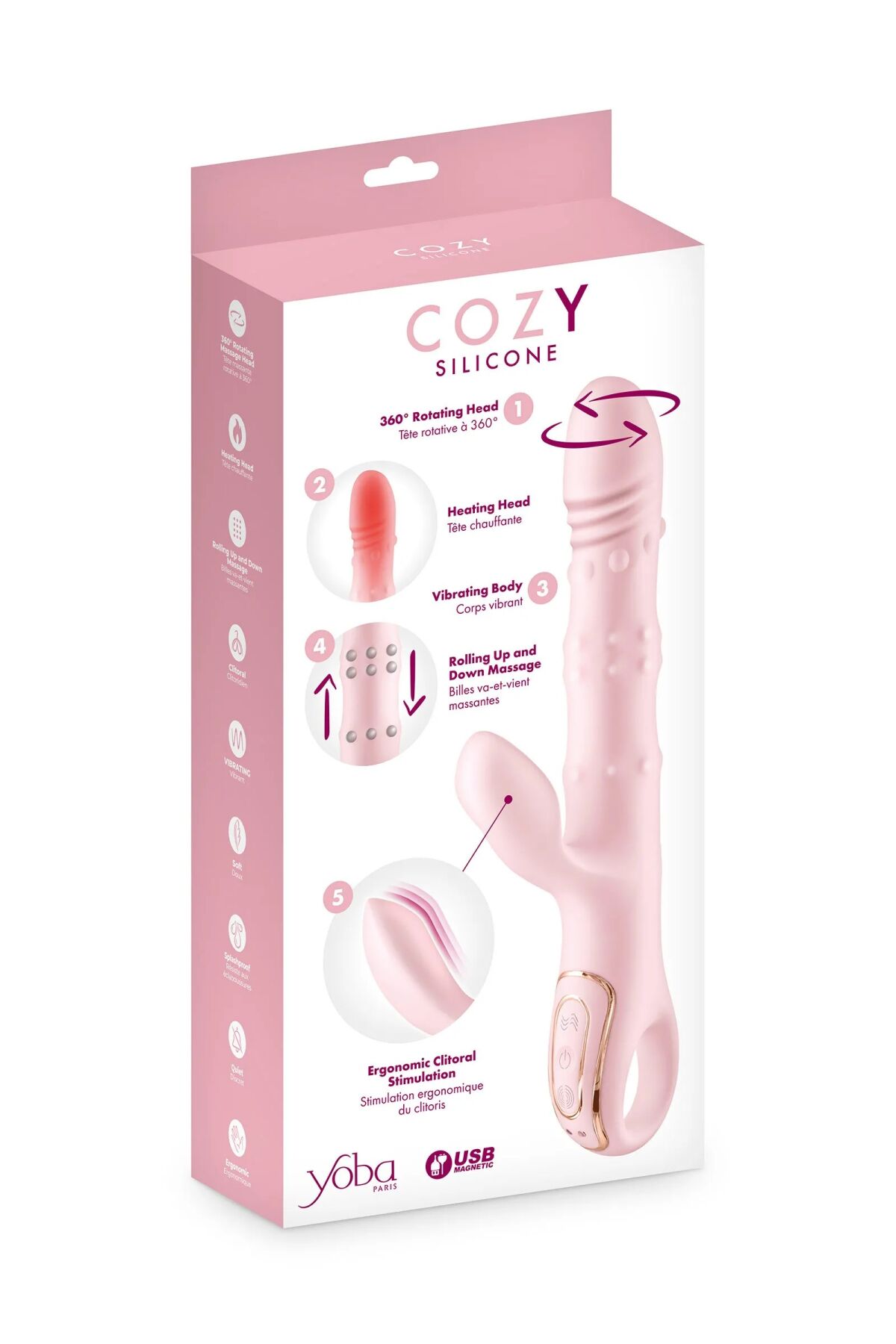 Вібратор-кролик 5в1 Yoba Cozy, вібрація, ротація, пульсація, перлинний масаж, нагрівання